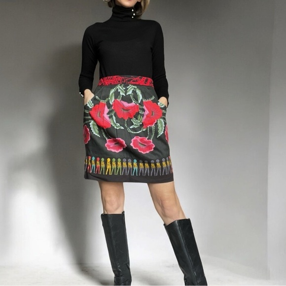 Desigual Galactic Tour Mini Skirt Poppy Flowers Pleated Waist Cotton EUR 38/ 4US - Picture 1 of 13